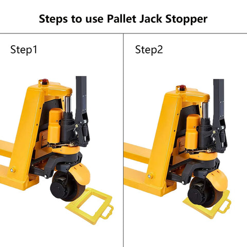 Installation steps for heavy duty pallet truck stopper chock; shown with pallet jack in yellow friction bottom design