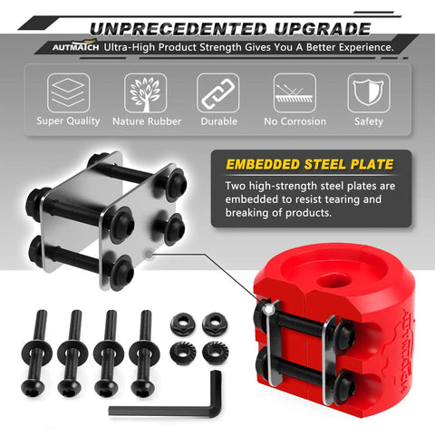 Red Shock Absorbent Silicone Winch Cable Stopper with steel plates and hardware for ATV UTV wire, synthetic rope protection.