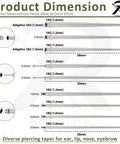 Piercing Tapers Set 14G 16G 18G with Ball Grabber Tool and Insertion Pin showing dimensions for ear, nose, lip piercing