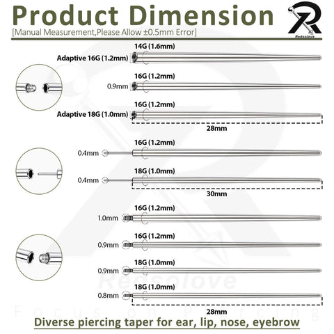 Piercing Tapers Set 14G 16G 18G with Ball Grabber Tool and Insertion Pin showing dimensions for ear, nose, lip piercing