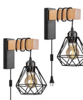 Plug In Wall Sconce Set Of Two With Wood Arm And Diamond Cage Shade Black Rustic Farmhouse Lighting For Bedroom Bedside Or Living Room Corded Plug In Design With 70.8 Inch On Off Switch Cord Two Pack