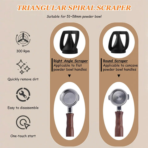 Triangular Spiral Scraper designed for 51~58mm powder bowls, includes right angle and round scrapers, easy to disassemble.