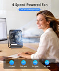 Woman using 7 Inch Portable Desk Fan With 10000mAh Battery USB Rechargeable LED Light Display And Timer 4 Speed Settings at desk