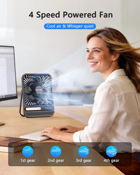 Woman using 7 Inch Portable Desk Fan With 10000mAh Battery USB Rechargeable LED Light Display And Timer 4 Speed Settings at desk