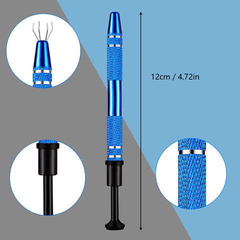 Three Piece Pro Grade Jewelry Ball Grabber Tool Set with four prong precision pickup, blue metal, showing 12cm length