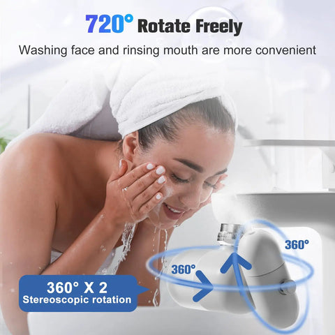 User washing face using No Sweat Kitchen And Bathroom Sink Water Filter Attachment With Two Spare Cartridges with 720° rotation.
