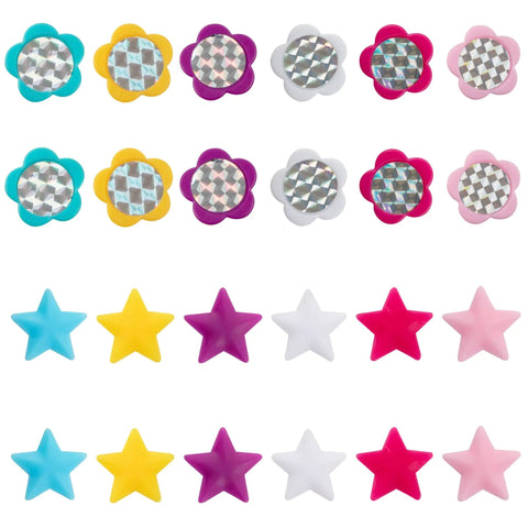 Flower And Star Bike Spoke Decorations Kit, 24 colorful snap-on spokes featuring reflective flowers and stars in assorted colors.