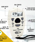 Slick Dual Display Electronic Tally Counter With Quick Add Subtract Thumb Clicker Design Killer For Golf Pitches Lap Timing And Weekend Sports Rallies showing two digital displays.