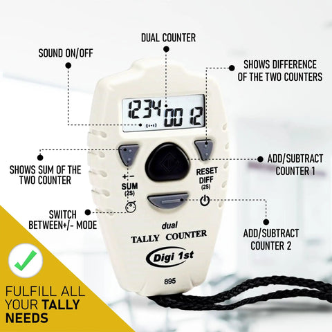 Slick Dual Display Electronic Tally Counter With Quick Add Subtract Thumb Clicker Design Killer For Golf Pitches Lap Timing And Weekend Sports Rallies showing two digital displays.