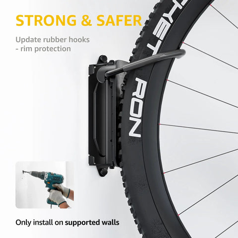 Close-up of Swivel Bike Wall Mount 4 Pack Space Saving Vertical Bike Rack with bike wheel attached, demonstrating easy install.