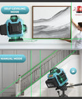16 Line Green Laser Level 360 Self Leveling Pro With 4D Cross Lines Remote Dual Batteries Adjustable Brightness For Tiling Flooring Construction And Picture Hanging, self-leveling mode