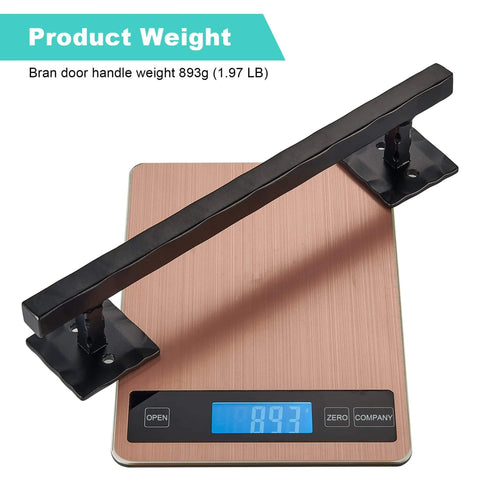 Rustic Barn Door Handle 12 Inch Heavy Duty Matte Black Sliding Door Pull weighing 893g on a digital scale