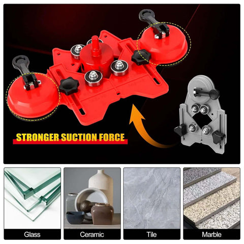 WORKEASE Diamond Hole Saw Kit, red 11-pc set with suction cup guide jig, front view for glass, ceramic, tile, marble