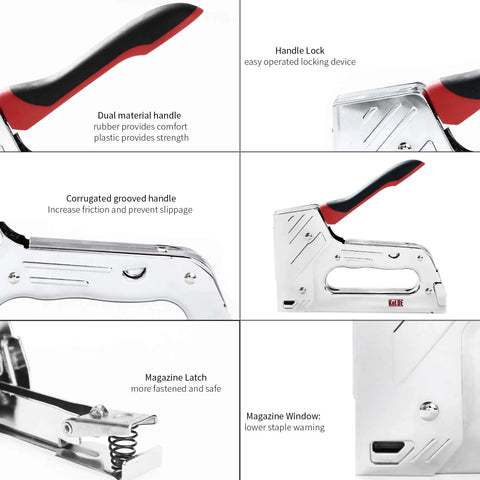 Beefy Workhorse 2 In 1 Manual Stapler And Nail Gun Kit details including handle, lock, grooved head, and latch, for carpentry use.