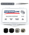 Straight Up Heavy Duty Slotted Gun Plug Screws In Black Oxide And Stainless Steel 82 Piece Assortment Kit with assorted screws and tools.