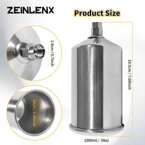 Heavy Duty Polished Aluminum Gravity Feed Spray Gun Paint Cup With One Thousand Milliliter Reservoir and No Sweat M16 Thread, showing size details.