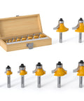8-Piece Roundover Router Bit Set With 1/4 Inch Shank Carbide Inserts For Woodworking in wooden box, various sizes visible