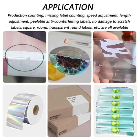 Straight Up Durable Corner Sealing Labeling Machine labels, transparent, round, square, anti-counterfeiting, applications shown.