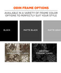 Skullerz Odin Safety Glasses frame options in black, matte black, matte gray, Kryptek Highlander, Kryptek Typhon camo