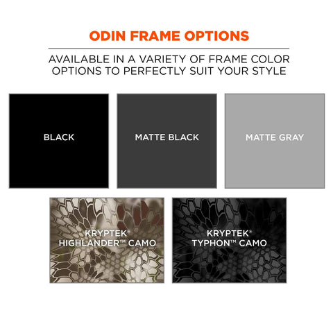 Skullerz Odin Safety Glasses frame options in black, matte black, matte gray, Kryptek Highlander, Kryptek Typhon camo
