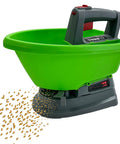 Green electric handheld spreader for seeds and fertilizer with Type C charging, showing seeds being spread, ergonomic handle.