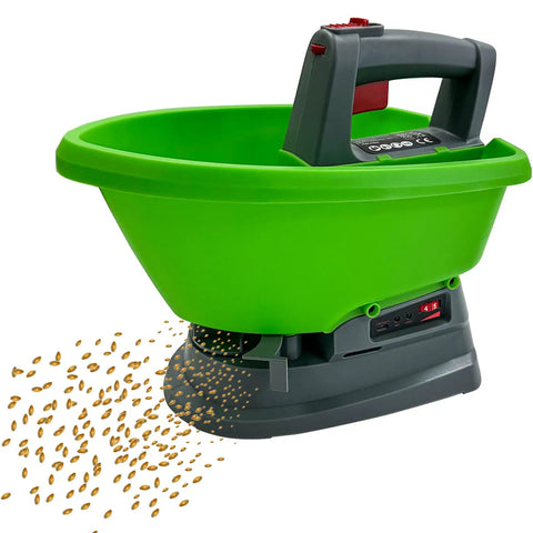 Green electric handheld spreader for seeds and fertilizer with Type C charging, showing seeds being spread, ergonomic handle.