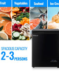Freestanding Black Mini Chest Freezer With Precision Electronic Thermostat And Two Removable Baskets, storing fruits and vegetables.