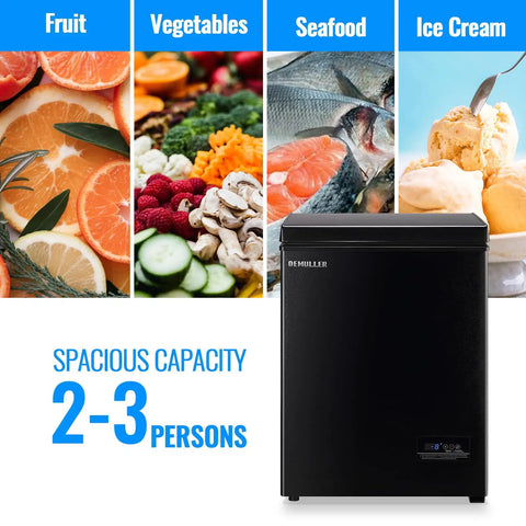 Freestanding Black Mini Chest Freezer With Precision Electronic Thermostat And Two Removable Baskets, storing fruits and vegetables.