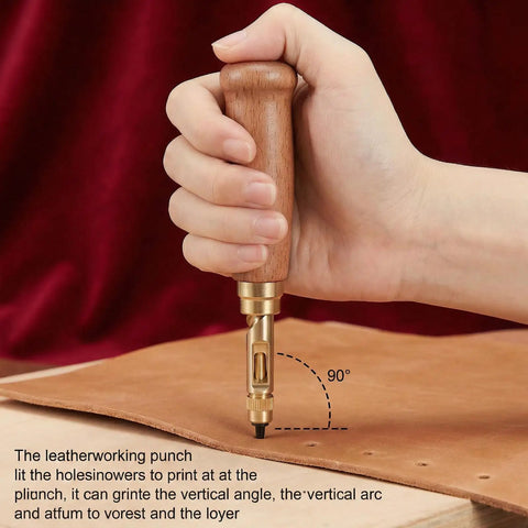 Adjustable Leather Hole Punch Boasts A Comfy Wooden Handle And Six Swappable Brass Inserts Spanning 1.5mm To 4mm, setting up fast for reliable belt work.