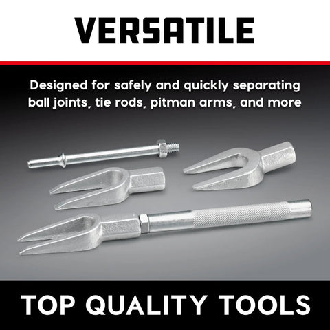 Five Piece Front End Fork Set For Auto Repair With Pickle Forks For Tie Rods Ball Joints And Pitman Arms Easy Separation Includes Pitman Arm Fork One Eighth Ball Joint Fork Fifteen Sixteenths Tie Rod Fork Eleven Sixteenths Dual Handle, steel fork set