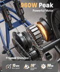 Electric Trike For Adults With 960W Peak Power Full Suspension And Reverse Gear Top Speed 15 MPH Sick All Terrain E Trike Built For Comfort Easy Cruising Durable Ride For Everyday Fun, 7-speed drivetrain and rear motor close-up