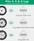 Chart of wheel lug compatibility for 4, 5, and 6-lug wheels for Rugged Bolt On Spare Tire Carrier For 15 And 16 Inch Wheels.