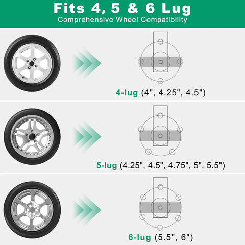 Chart of wheel lug compatibility for 4, 5, and 6-lug wheels for Rugged Bolt On Spare Tire Carrier For 15 And 16 Inch Wheels.