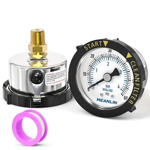 Stainless Steel Start And Clean Filter Pressure Gauge One Quarter Inch NPT Two Inch Dial Back Mount With Rotatable Plastic Frame