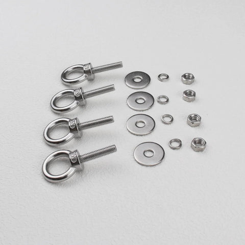 Heavy Duty M6 Stainless Steel Eye Bolt Kit With Nuts And Washers 4 Pack Ring Shoulder Eyebolts For Swing And Tie Down Outdoor Use 304 Stainless Anti Rust 110 Lb Load Each displayed with washers and nuts on white surface.
