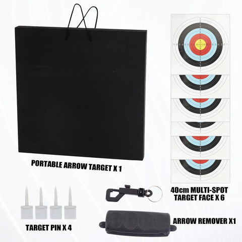 Archery Target For Backyard Practice 19.7 Inch Square 2 Inch Thick Foam Target with accessories including target paper and pins.