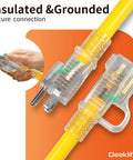 Close-up of Tough As Nails 50 Foot Outdoor Extension Cord with lighted end, yellow, 12 gauge, insulated and grounded plug.