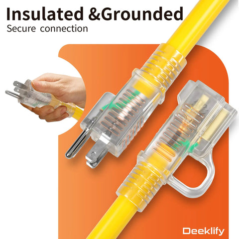 Close-up of Tough As Nails 50 Foot Outdoor Extension Cord with lighted end, yellow, 12 gauge, insulated and grounded plug.