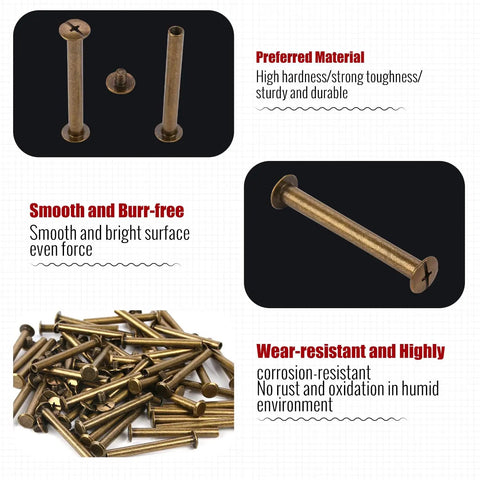 Heavy Duty Chicago Binding Screws Featuring Phillips Head Nuts For Rock Solid Leather Crafting And Scrapbooks Hella Simple Quick Swap Bronze Steel Posts Great For Diy Makers Looking For Snappy Reliable Fasteners In A 50 Piece Lot, showing individual screws and a pile of screws.