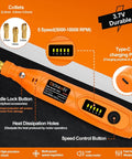 Hella Precise Mini Cordless Rotary Tool Kit With 105 Pieces Variable Speed Micro Drill Grinder features speed control and charging port.
