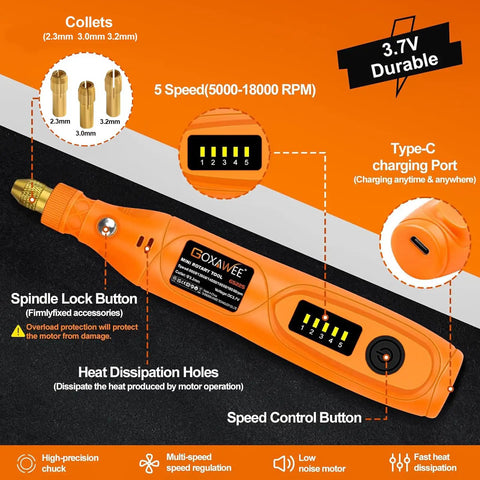 Hella Precise Mini Cordless Rotary Tool Kit With 105 Pieces Variable Speed Micro Drill Grinder features speed control and charging port.