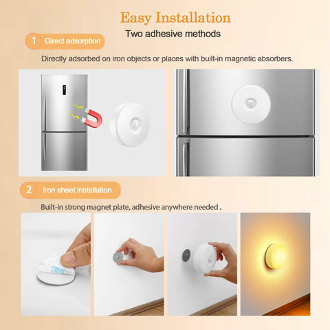 Motion Sensor LED Night Light USB Rechargeable With 8 Color Options And 3 Working Modes Magnetic Stick Anywhere 2 Pack installation method