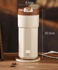 Self Heating Coffee Mug With Quick Temperature Display And Totally Spill Proof Lid, 20.5cm tall, designed for hot coffee on the go.