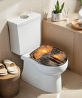 Elongated Mount Sunset Landscape Cherry Blossoms Traditional Toilet Seat in modern bathroom setting with white toilet.