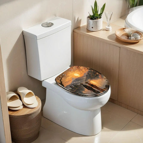 Elongated Mount Sunset Landscape Cherry Blossoms Traditional Toilet Seat in modern bathroom setting with white toilet.