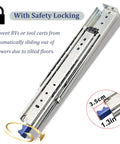 Soft Close Drawer Slides Heavy Duty 76mm Rails For Pull Out Shelves And Cabinets Beefy Built Tough For Kitchen Garage And Furniture Silver 50 Inch Length Easy Install, featuring safety locking mechanism and dimensions.