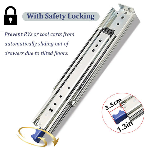 Soft Close Drawer Slides Heavy Duty 76mm Rails For Pull Out Shelves And Cabinets Beefy Built Tough For Kitchen Garage And Furniture Silver 50 Inch Length Easy Install, featuring safety locking mechanism and dimensions.