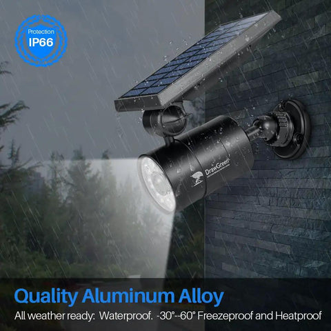 Outdoor Solar Motion Sensor Flood Light With 1400 Lumens, IP66 aluminum build, mounted on wall in rainy weather