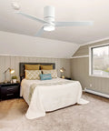 46 Inch White Flush Mount Ceiling Fan With Lights And Remote Control Low Profile Modern Farmhouse Style Dimmable LED Light Kit in bedroom.