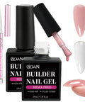 HEMA Free Builder Gel Kit With White And Nude Two Color Set And Brush, 10ml bottles, brush, and swatches in pink and white.
